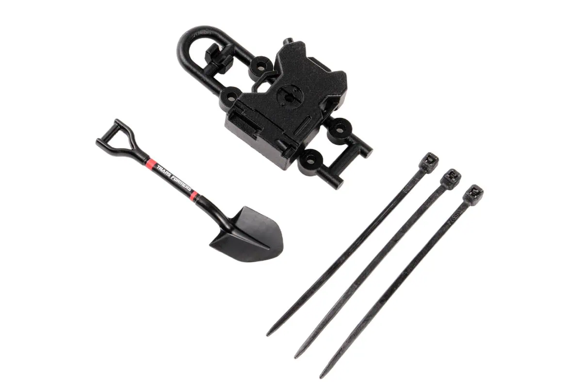 RC rear expedition tool set for FMS FCX18 Land Cruiser 80, includes shovel, hooks, and mounting hard.