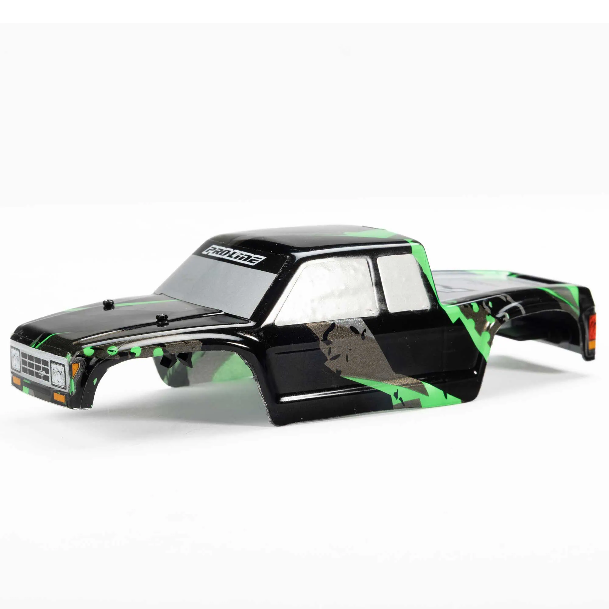 Custom black and green RC car body for small-scale remote control vehicles.