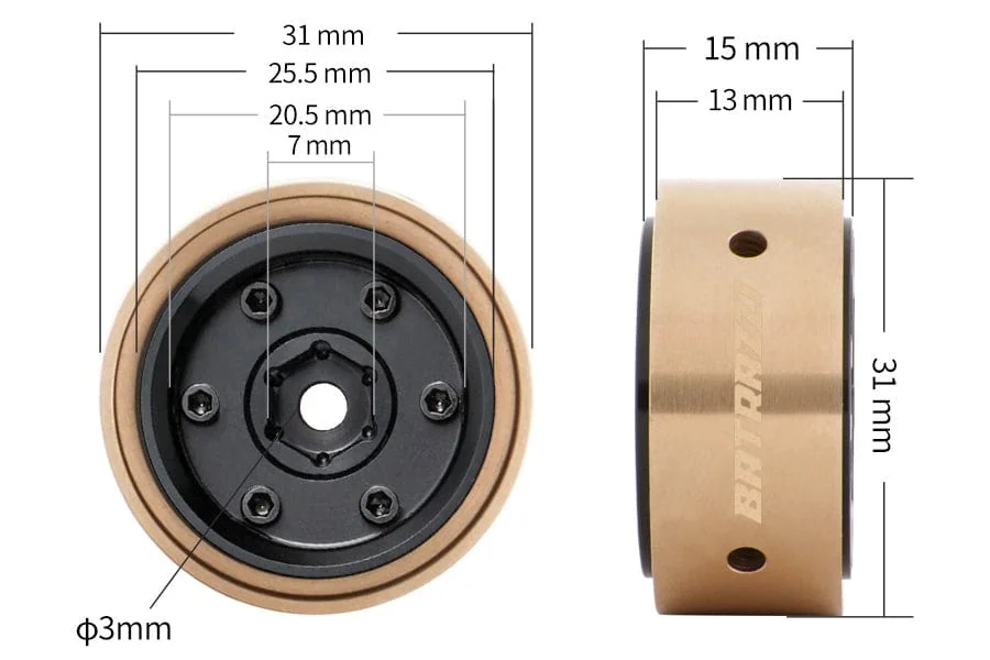 Aluminum RC beadlock wheel featuring brass weights, ideal for small-scale RC cars and precise perfor.