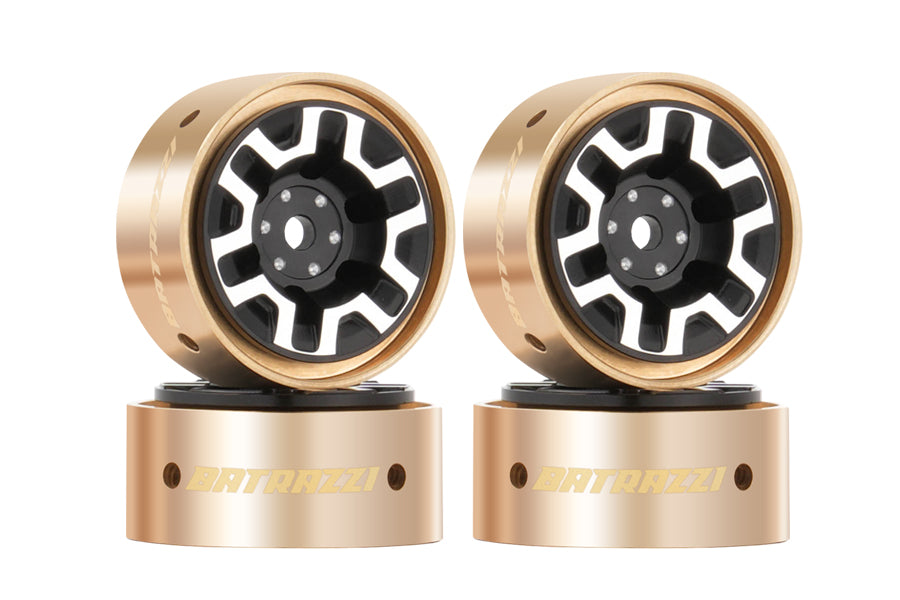 Aluminum Y-Spoke Beadlock Wheels for RC cars with brass weights.