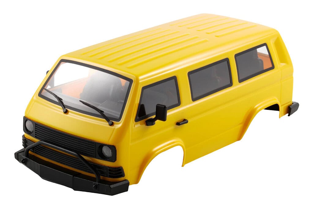 Miniature yellow RC van for small-scale remote control vehicle enthusiasts.