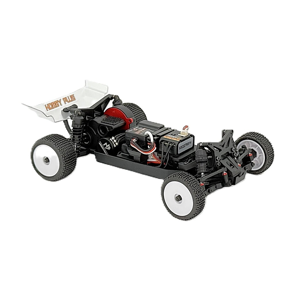 Small-scale RC car with detailed chassis and high-performance components for hobbyists.