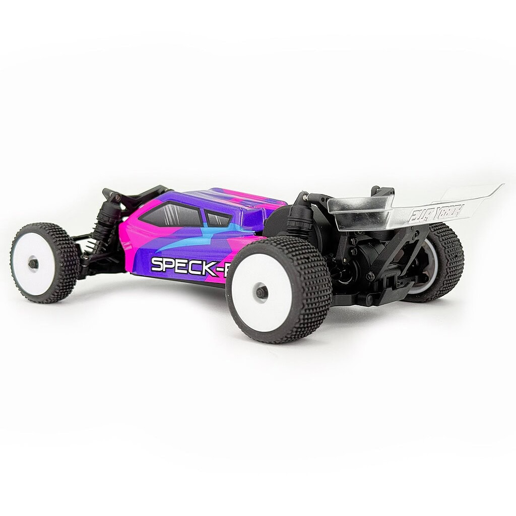 Small-scale RC car with purple and black design, off-road tires, and aerodynamic body.
