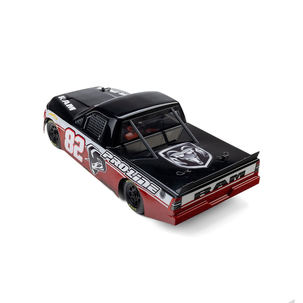 Detailed small-scale RC car with racing decals and black-red design.