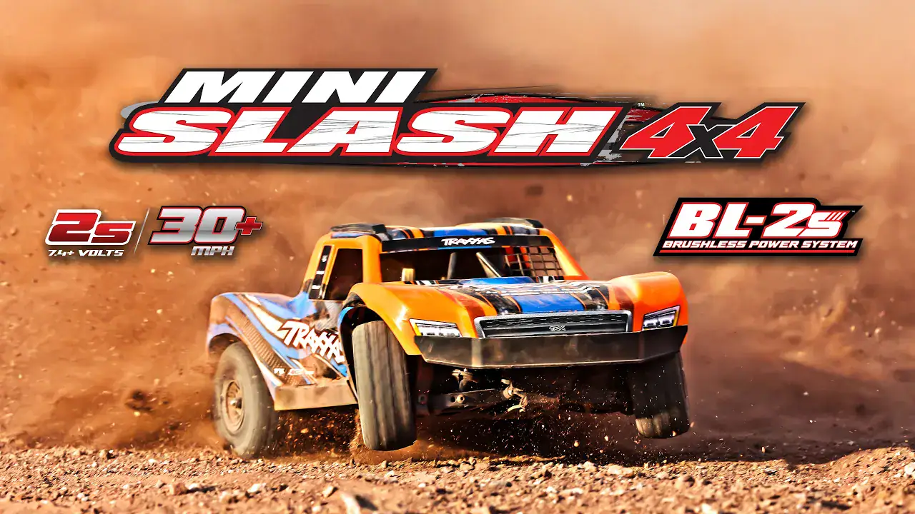 Off-road mini RC car in action on dirt terrain with dust clouds.