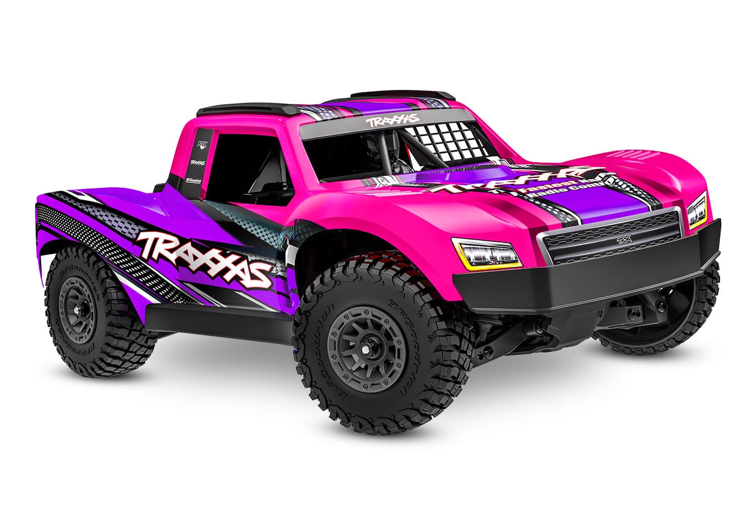 Small-scale RC off-road truck with rugged tires and vibrant pink and purple design.