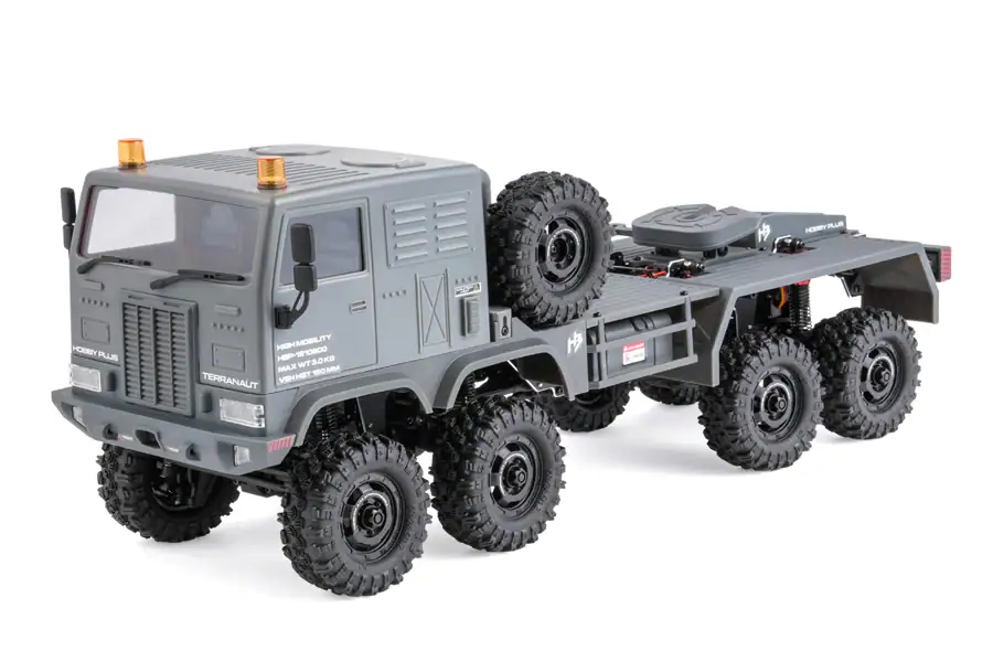 A detailed RC off-road truck with large tires and rugged design for outdoor terrain.