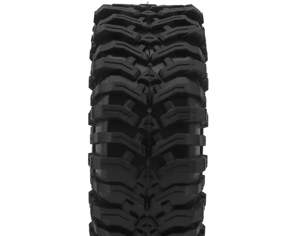 Durable off-road RC tire with aggressive tread pattern for all-terrain use.